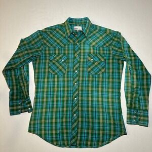 Vintage Wrangler Shirt Mens Small Plaid Green Plaid‎ Wrancher Pearl Snap Western